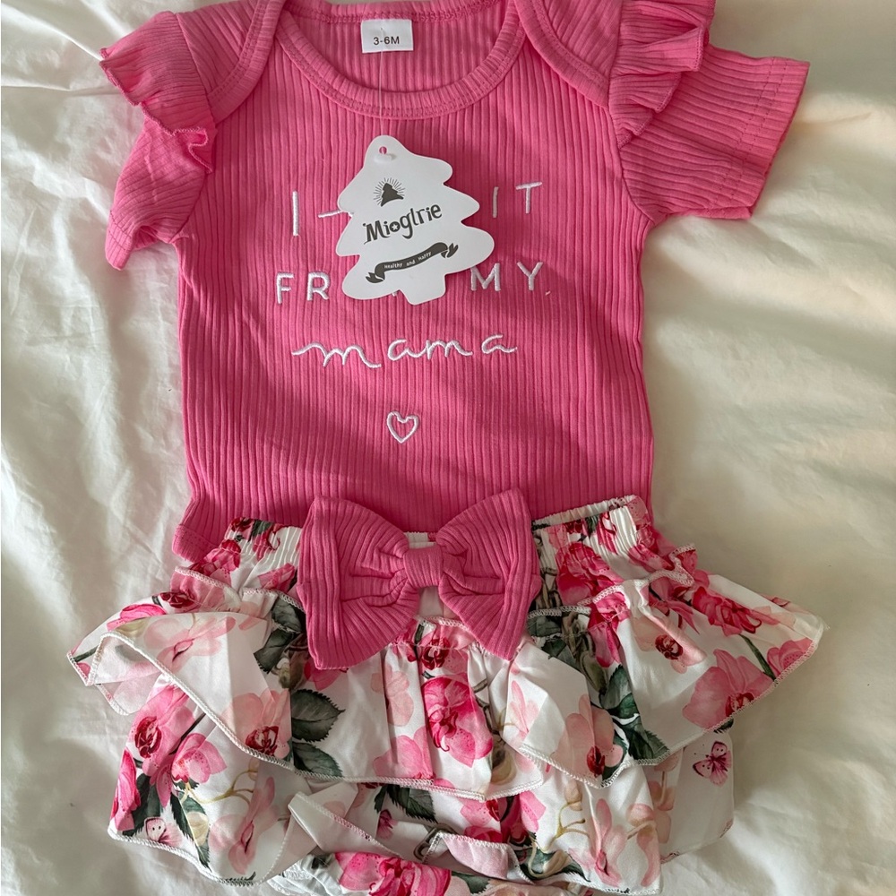 Pink Ribbed Ruffle Baby Onesie with Floral Skirt